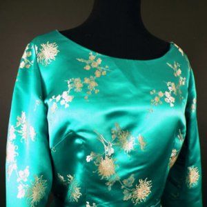 Vintage Jade Green Satin Brocade Boatneck Sheath Dress